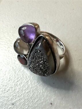 Sterling Silver 925 Multi-Gemstone Ring Amethyst Druzy Quartz Garnet Size 7.5